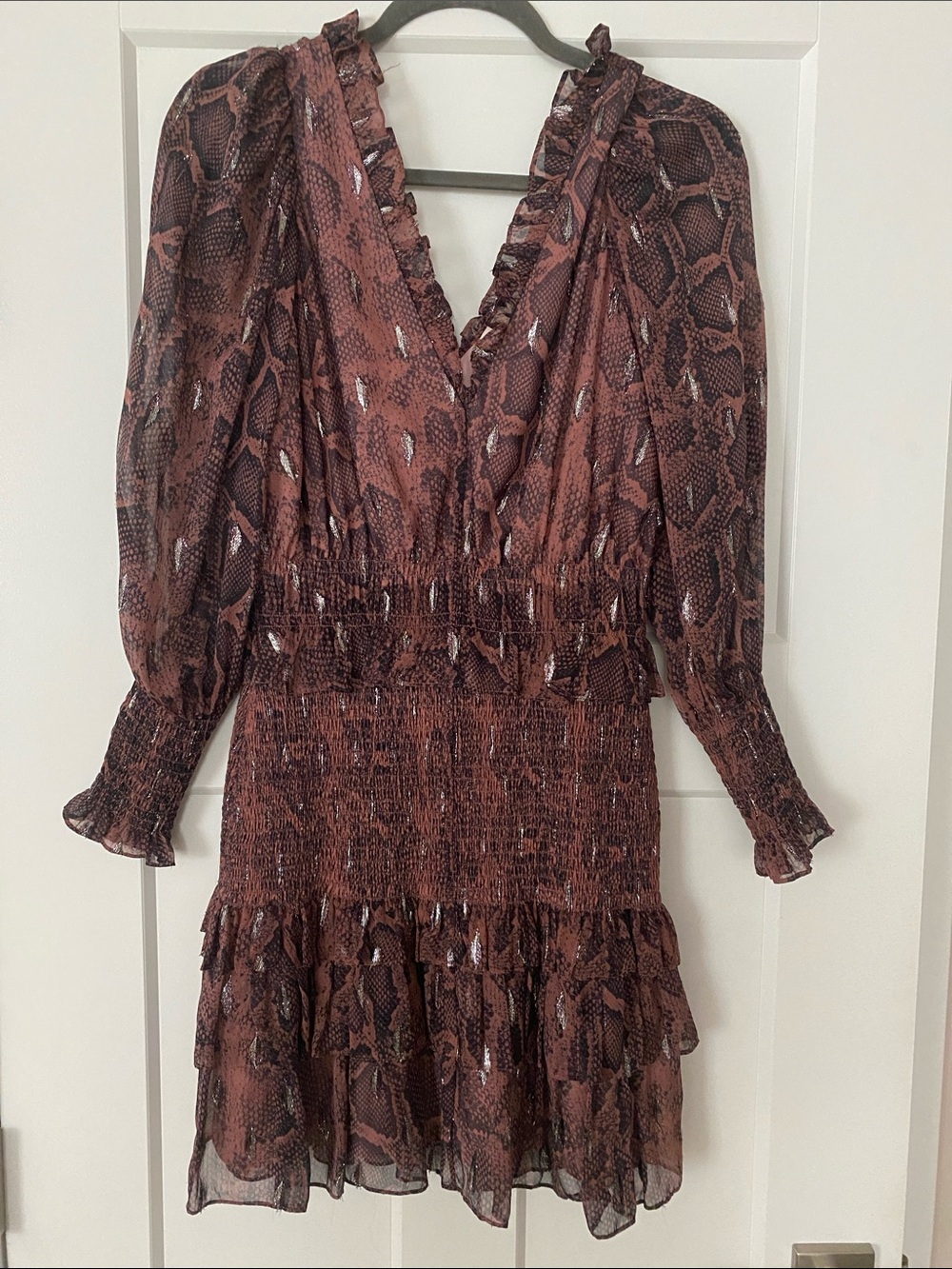 Rebecca Taylor Brown Snake-Print V-Neck Smocked Mini Dress